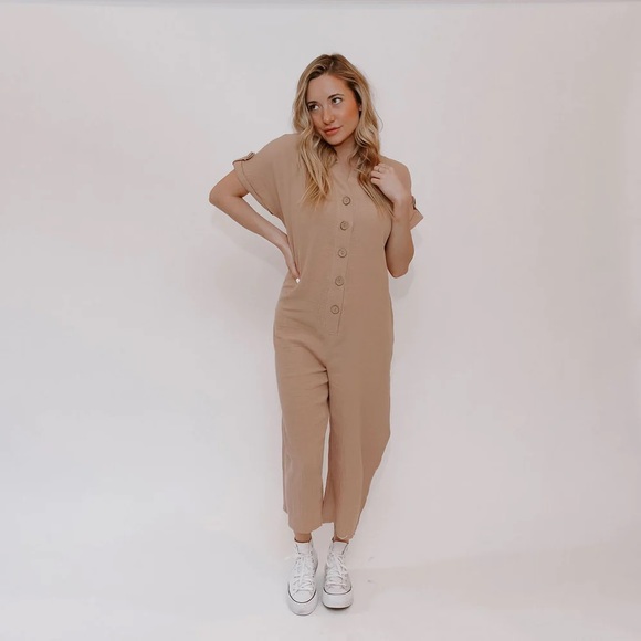 Wrinkle Gauze Button Down Jumpsuit - Picture 1 of 6